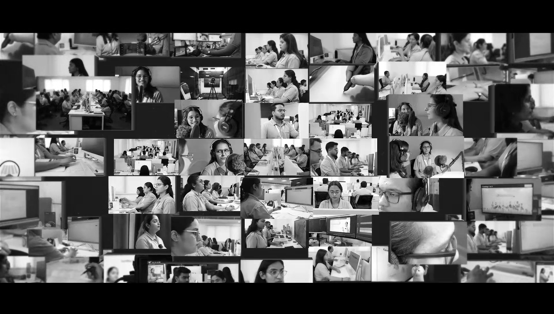 Collage of the Assist academic and content team at work: writing and reviewing lessons at their desks and recording videos in the studio