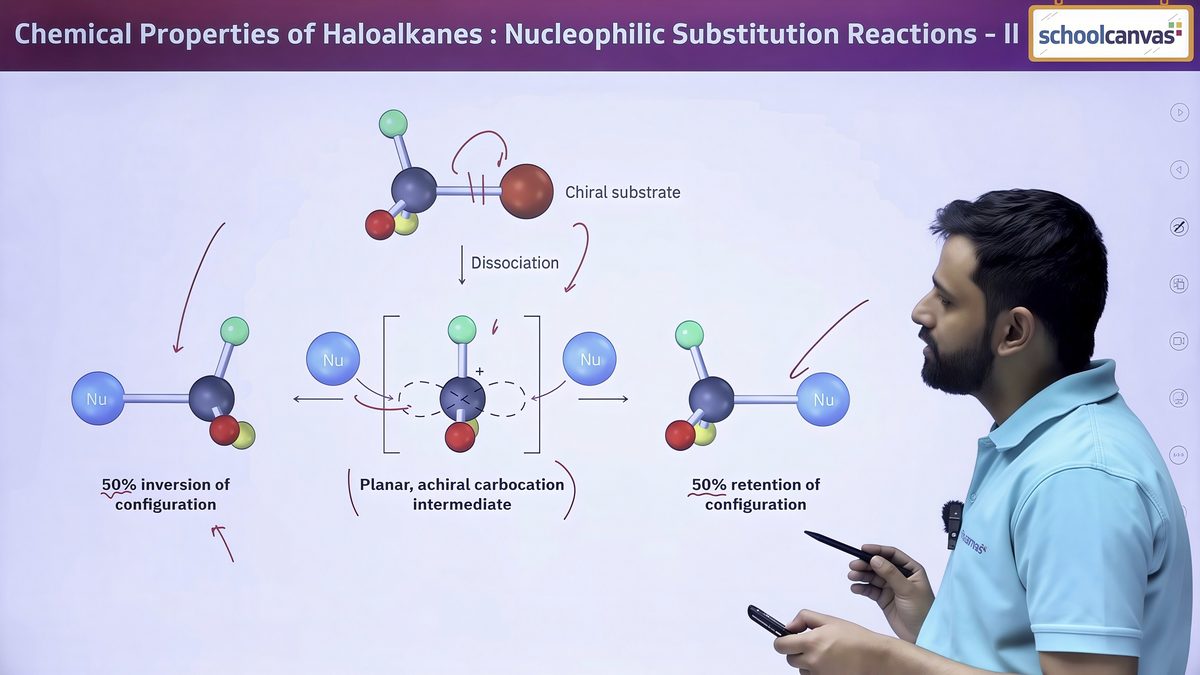 A teacher explaining a haloalkanes reaction with molecule diagrams in a chemistry video lesson