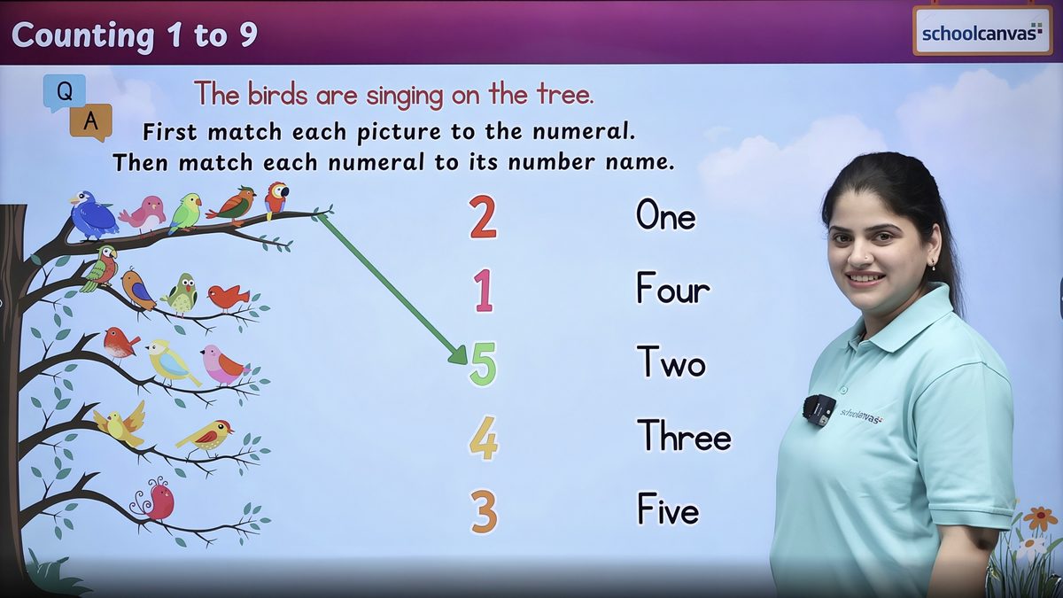 A teacher explaining counting from 1 to 9 with pictures of birds on a tree in a Class 3 maths video lesson