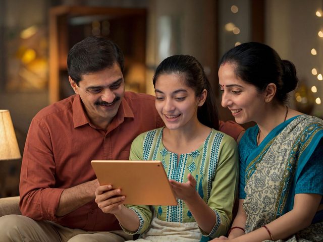 Parents and their daughter looking at a tablet together, keeping up with her learning