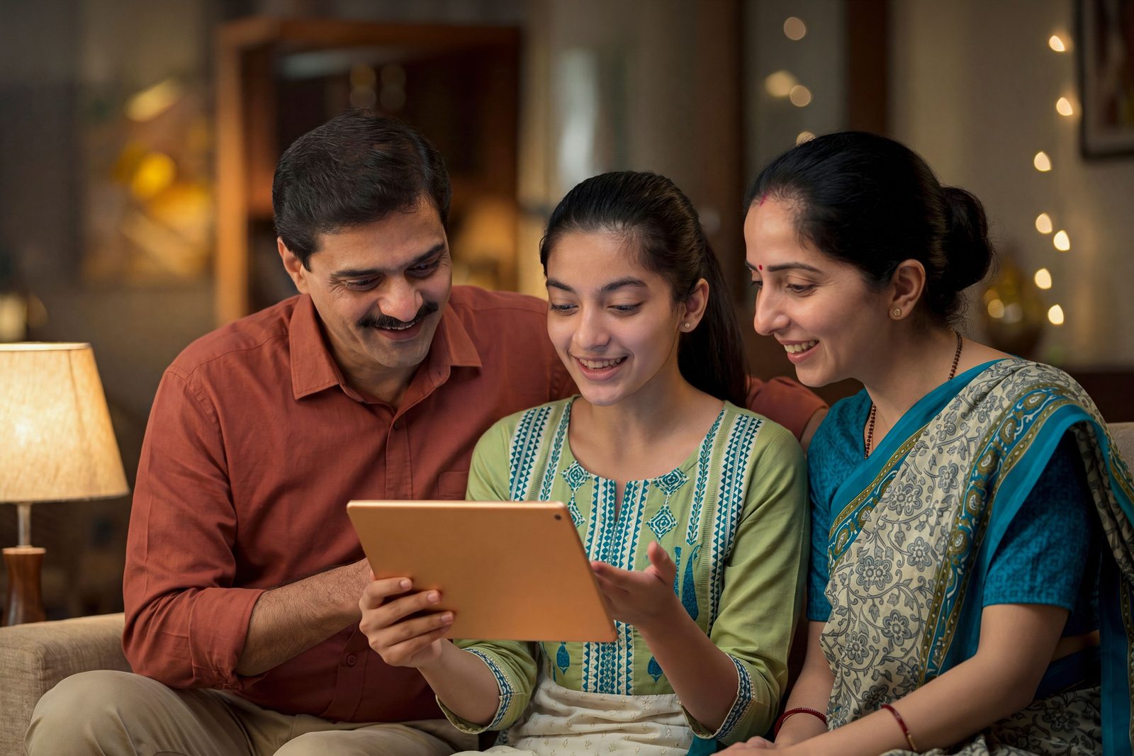 Parents and their daughter looking at a tablet at home, where school fees can be paid in the parent app